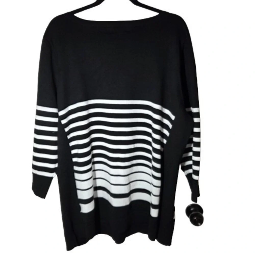 Laura Scott Black White Striped 3/4-Sleeve‎ Boat Neck Pullover Sweater 3X